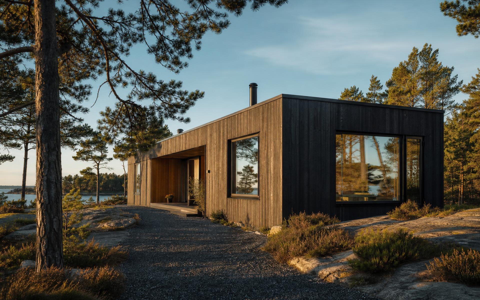Modern svensk trävilla i skärgårdslandskap i gyllene kvällsljus