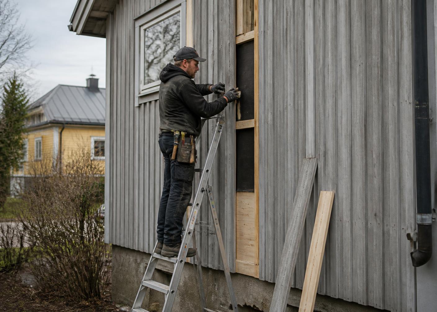 Snickare byter träpanel på fasaden till ett svenskt trähus